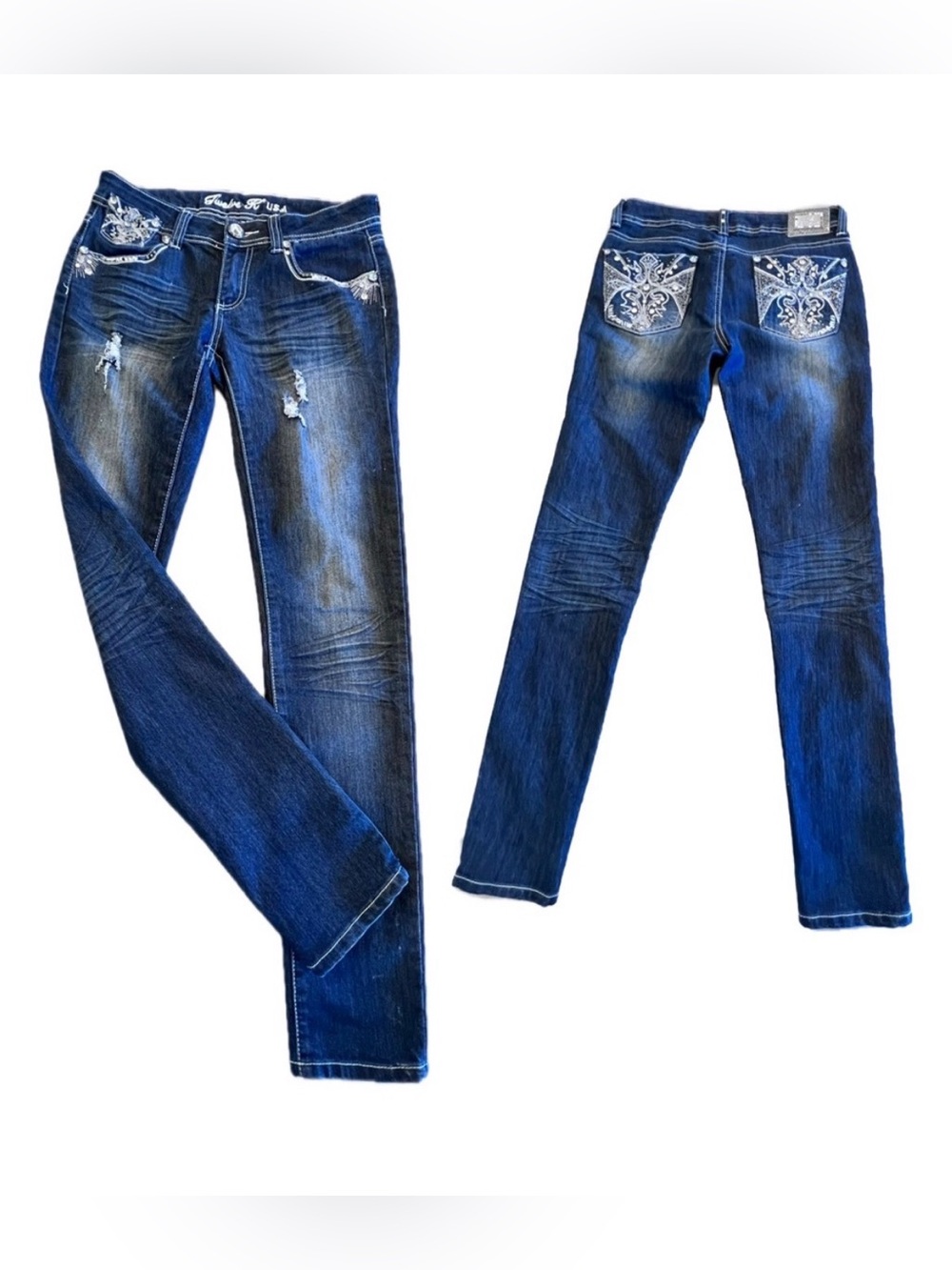 Low rise embellished distressed jeans Sz 5